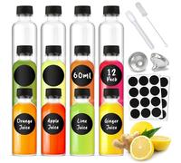 Glass Shot Bottles with lids - Mini Leak-Proof Glass Containers, Perfect for Ginger, Juice, Oil, Spirits & Medication Storage, Included Funnel, Cleaning Brush, Labels & Marker Pen, 12 Pack 60 ml