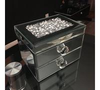 Glass Silver Mirrored Diamante Crushed Jewels Jewelry Box 2 Drawer