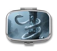 Glass Snake Pillar Pill Box, Travel Pill Organizer 2 Compartments, Weekly Pill Case with Mirror for One Day, Medicine Organizer for Purse