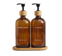 Glass Soap and Lotion Dispenser Set with Tray - Liquid Hand Soap Dispenser and Pump - Bamboo Bathroom Accessories & Modern Bathroom Decor (Amber)