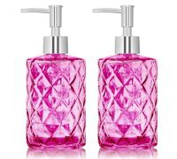 Glass Soap Dispenser - 2 Pack 12 Oz Clear Glass Liquid Hand Soap Dispenser with Rustproof Plastic Pump, Refillable Dish Bottle Dispenser for Bathroom, Kitchen (RoseRed)