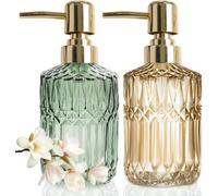 Glass Soap Dispenser, 450Ml Liquid Soap Dispenser, Glass Pump Bottle, Gold And Green Bathroom Soap Dispenser, 2