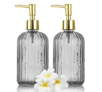 HIYAA Glass Soap, Versatile 14 Oz Dripless Pump Bottle, Refillable Liquid Hand Jar Dispenser for Bathroom, Countertop, Kitchen, Laundry Room (Grey, 2 Pack)