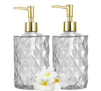 Glass Soap Dispenser Bottle with Pump, Versatile 14 Oz Dripless Pump Bottle, Refillable Liquid Hand Jar Dispenser for Bathroom, Countertop, Kitchen, Laundry Room (Diamond Pattern, 2 Pack)