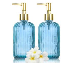 Glass Soap Dispenser Bottle with Pump, Versatile 14 Oz Dripless Pump Bottle, Refillable Liquid Hand Jar Dispenser for Bathroom, Countertop, Kitchen, Laundry Room (Blue, 2 Pack)