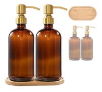 Glass Soap Dispenser Set, Hand and Dish Soap Dispenser Set with Bamboo Tray Modern Farmhouse Kitchen（Brown