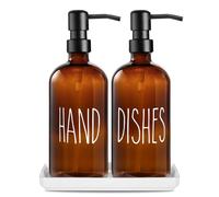 Glass Soap Dispenser Set: Modern 2 Pack Liquid Hand Soap Dispenser Jar Dispenser with Ceramic Tray 500ML/17oz Boho Pump Bottle Dispenser Refillable Hand Soap Dispenser,for Kitchen Sink (Amber)