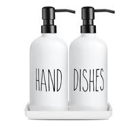 Glass Soap Dispenser Set: Premium 2 Pack Liquid Soap Dispenser with Ceramic Tray 500ML/17oz Hand and Dish Soap Dispenser with Stainless Pump Thick Glass Bathroom Bottles,for Countertop (White)