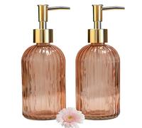 Glass Soap Dispenser with Gold Plastic Pump, 13.5oz Refillable Liquid Hand Soap Dispenser, 2 Pack Crystal Lotion Bottle for Modern Home Decor, Bathroom, Kitchen Countertop, Hotel(Orange)