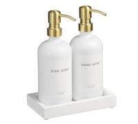 Glass Soap Dispenser with Pump and Concrete Tray | Vintage Soap Dispenser Bathroom and Kitchen Set with Dish Soap, Hand Soap, Lotion Waterproof Labels (White Gold/White Tary)