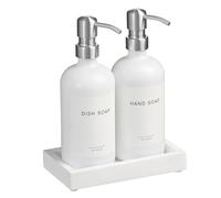 Glass Soap Dispenser with Pump and Concrete Tray | Vintage Soap Dispenser Bathroom and Kitchen Set with Dish Soap, Hand Soap, Lotion Waterproof Labels (White Silver/White Tary)