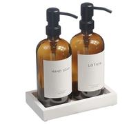 Glass Soap Dispenser with Pump and Concrete Tray | Vintage Soap Dispenser Bathroom and Kitchen Set with Dish Soap, Hand Soap, Lotion Waterproof Labels ((Amber Bottles/White Tary))