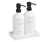 Glass Soap Dispenser with Pump and Concrete Tray | Vintage Soap Dispenser Bathroom and Kitchen Set with Dish Soap, Hand Soap, Lotion Waterproof Labels (White Bottles/White Tary)