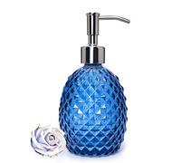 Glass Soap Dispenser with Stainless Steel Pump, 12oz Clear Dish Soap/Hand Soap/Laundry Soap/Lotion Dispenser, Refillable Liquid Dispenser for Bathroom Kitchen Shower (Blue)