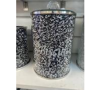 Glass Sparkle, Crushed Diamond Gift, 22cm, Black Diamond Crushed Biscuit Canister, Tin Kitchen Storage, Silver Trimmings, Crystal Filled