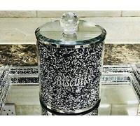 Glass Sparkle Ornament Bling Crushed Diamond Gift |Black Diamond Crushed Biscuit Canister Jar Tin Kitchen Storage Silver Trimmings Crystal Filled | Wedding Anniversary, Birthday Present, Home Decor