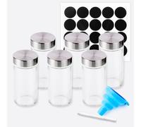 Glass Spice Container Set - 16 Piece 4 oz Round Bottles With Labels, Chalk Marker and Silicone Collapsible Funnel for Seasoning