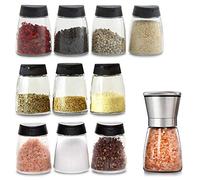 Glass Spice Jars, Double Lids Seasoning Shakers Glass Bottles Spice Shakers Sifter Barbecue Salt & Pepper Shaker Container (10 PCS Condiment Bottles + 1PCS Spices Grinder)