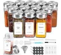 Glass spice jars, square, 12 × 120 ml, set of spice storage container with stainless steel lids, label