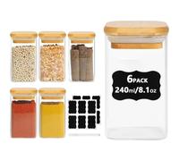 Glass Spice Jars with Bamboo Lid and Label 6 Pack Square Glass Container 8oz/250ml Kitchen Airtight Glass Spice Jars with Lids, Glass Container for Salt Sugar Seeds Nuts Tea Coffee Bean Herb etc