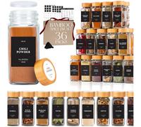 Glass Spice Jars with Label with Bamboo Lids 36 Pack Black Labels Set, 4oz Clear Empty Bottles Seasoning Organizer Jars with Shaker Lids, Small Square Airtight Spice Seasoning Containers Herb Storage