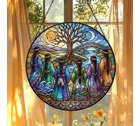 Glass Stained Six Sisters Suncatcher with Metal Frame, Tree of Life Window Hanging, Celestial Sun Moon Sisterhood Family Home Wall Decor Art 9.8 inch