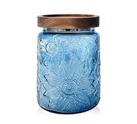 Glass Storage Jar with Wooden Lid - 700 ML Vintage Kitchen Canister, Airtight Biscuit Barrel and Tin, Decorative Container for Cookie, Sweet, Tea Bags, Coffee, Sugar, Cereal, Flour, Blue Sunflower