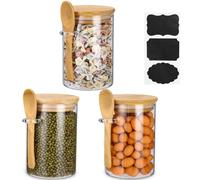 Glass Storage Jars, Set of 3, Storage Jars with Lid and Spoon, Airtight Storage Jars, Protection Against Tides and Insects, 540 ml Overnight Oats Jars, Storage Jars for Flour, Cereals and Legumes