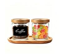 Glass Storage Jars with Wood Lids- 17 OZ Airtight Kitchen Container with Wooden Tray, the marking pen and Labels, Small Acacia Pantry Organizers for Candy, Cookie, Coffee Beans, Nuts, Spices (2 Pack)
