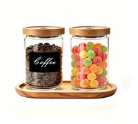 Glass Storage Jars with Wood Lids -25 OZ Airtight Kitchen Container with Acacia Wooden Tray, the marking pen and Labels, Pantry Organizers for Cookie, Flour, Tea, Coffee Bean, Sugar, and Nuts (2 Pack)