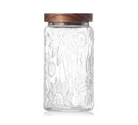 Glass Storage Jars with Wooden Lids - 1000 ML Christmas Vintage Airtight Kitchen Canisters, Beautiful Decorative Retro Containers for Candy, Cookie, Biscuit, Coffee, Sugar, Sweet, Treat, Tea, Salt