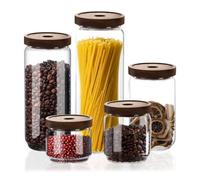 Glass Storage Jars with Wooden Lids - Airtight Containers for Kitchen and Pantry, Small Large Canisters for Pasta, Spaghetti, Tea, Spice, Cereal, Coffee, Sugar, Rice, Flour, Set of 5