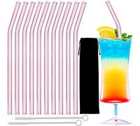 Glass Straws - 10pcs Bent Pink & Clear Glass Straw Set, 8'' Reusable with Cleaning Brush for Tumblers, Tervis, Mason Jars