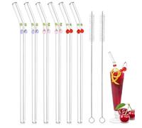 Glass Straws- 6 PCS Reusable Straw, Glass Drinking Straws with 2pcs Cleaning Brush, Eco Friendly Clear Straws with Cherry for Drinking Smoothie Milk Coffee Coctail Water Juice