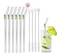 Glass Straws Long Reusable - Pack of 11 Turtle Transparent Glass Straws, Dishwasher Safe, Drinking Straws with 4 Cleaning Brushes, 1 Silicone Cap for Milk, Smoothies, Juice