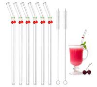 Glass Straws Reusable, 6 Pcs Bent Clear Glass Straws with 2pcs Cleaning Brush & Easy to Clean Eco Friendly for Smoothie Milk Coffee Coctail Water Juice(7.85")