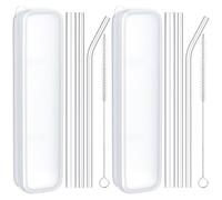 Glass Straws to Go, Travel Straws Glass to Take with You on the Go, 2 Sets, Each Set Contains 3 Glass Straws (1 Bubble Tea + 1 Straight + 1 Curved), 1 Straw Case, 1 Brush, Length 19.5 cm