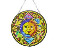 Glass sun catcher with sun and moon design | 150mm diameter with chain for hanging | colour catcher | window decoration | perfect for conservatory | living rooms | garden
