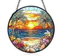 Glass Suncatcher, Tropical Beach Stained Glass Window Hanging 20x20cm, Colourful Sun Catcher for Windows with Metal Chain, Garden Sun Catchers for Home Garden Decor, Window Hanging Sun Catcher Gifts