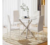 (Glass Table+4 White Chair) Dining Table and Chairs Set of 4, High Back PU Leather Chair with Glass Chrome Leg Table