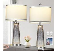 Glass Table Lamp Set of 2, 26" Modern Table Lamps with USB A+C Ports & AC Outlet, Touch Control Bedside Nightstand Lamp with LED Night Light for Living Room Bedroom Home Decor Black(4 Bulbs Included)