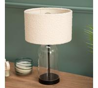 Glass and Black Metal Bedside Table Lamp with a Cream Boucle Lampshade Living Room Bedroom Light