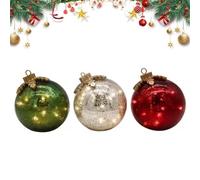 Glass Tabletop Christmas Ornaments 3pcs Pre-Lit LED Lighted Holiday Centerpiece with Timer Battery Operated Mercury Glass Globes Red Gold Green for Xmas Mantel Desk Shelf Decor