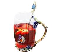 Glass Tea Cup, Flower Pattern Drink Mugs with Spoon, Elegant Mug Spoon Set for Women, Red & Blue Tall Cups, 350ml Capacity,for Womens, Glass