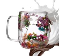 Glass Tea Cup with Dried Flowers - Double Walled Glass Cups | Double Walled Mug with Dried Flowers for Coffee, Heat Resistant Double Wall Glass Cup with Dried Flowers for