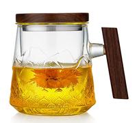 Glass Tea Cup with Infuser and Lid, 570ml/19oz Large 3-Piece Glass Tea Mug with Embossing Landscape Pattern, Big Tea Cup with Wood Handle for Loose Leaf Tea