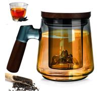 Glass Tea Cup with Lid and Strainer, 500 ml Tea Cups with Wooden Handle, Large Borosilicate Glass Tea Cups for Loose Tea, Flower Tea, Tea Lovers, Tea Gifts for Tea Lovers (Smoke Grey)
