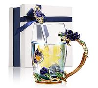 Glass Tea Cups, Innovative Flower Hot Tea Cup with Spoon Drink Mug for Mom Wife Grandma Girls Women C Birthday Christmas Festive (350ML)
