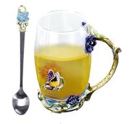 Glass Tea Mug - Handmade Enamel Butterfly, Blue Rose Flower Tea Cups with Handle,Flower Design Mug with Spoon for Women Mother's Day, Pretty Glass Cup Spoon Set for Water Teas Coffee Milk Juice,