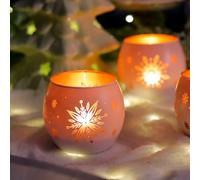 Glass Tealight Candle Holders Set of 4 Snowflake Gold & White Christmas Tea Light Candle Votives for Winter Decor, Xmas Table Centrepieces, Ideal